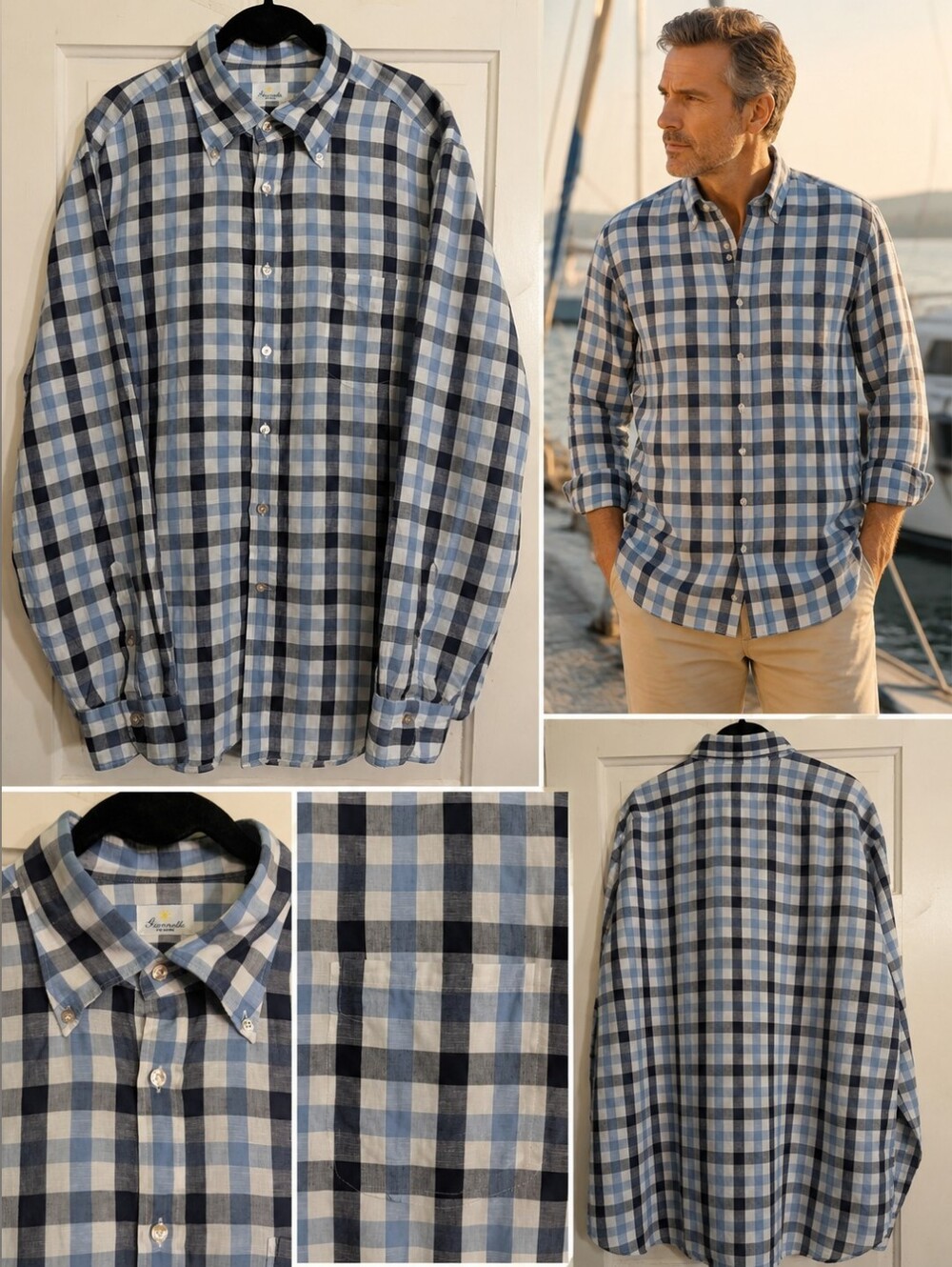 Giannetto Portofino XXL Linen Cotton Gingham Button Down Shirt Blue Italy